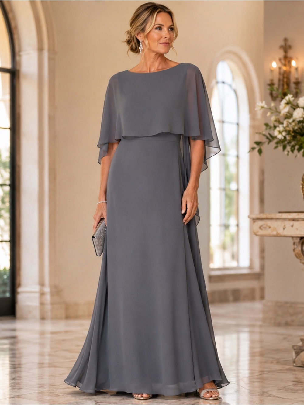 AW Bridal Adina Chiffon Cape Gown Gray Size 14 NWT